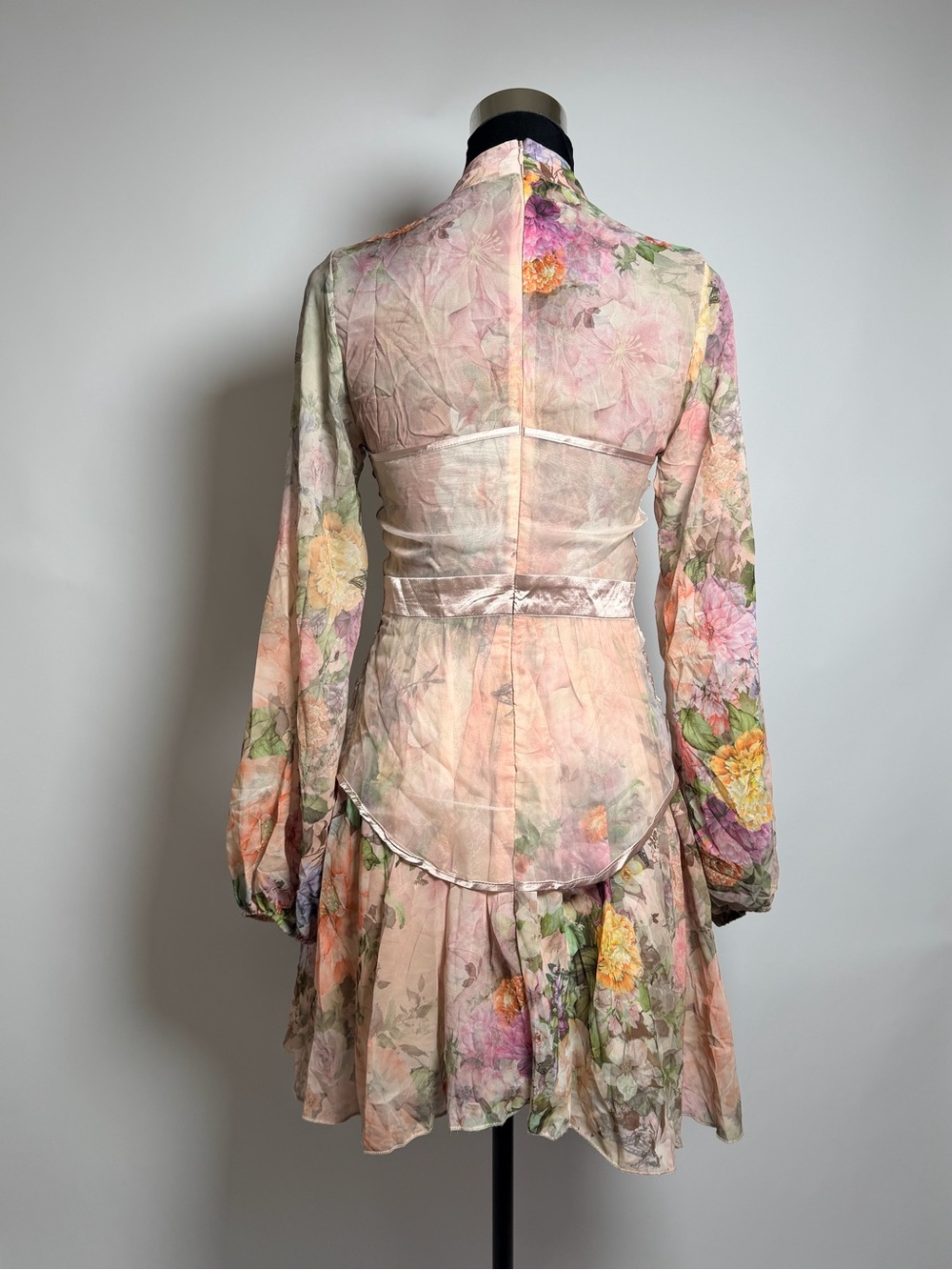 Miss Ord Floral Corset Mini Dress M Sheer Puff Sleeve Cottagecore Pink - Picture 4 of 7